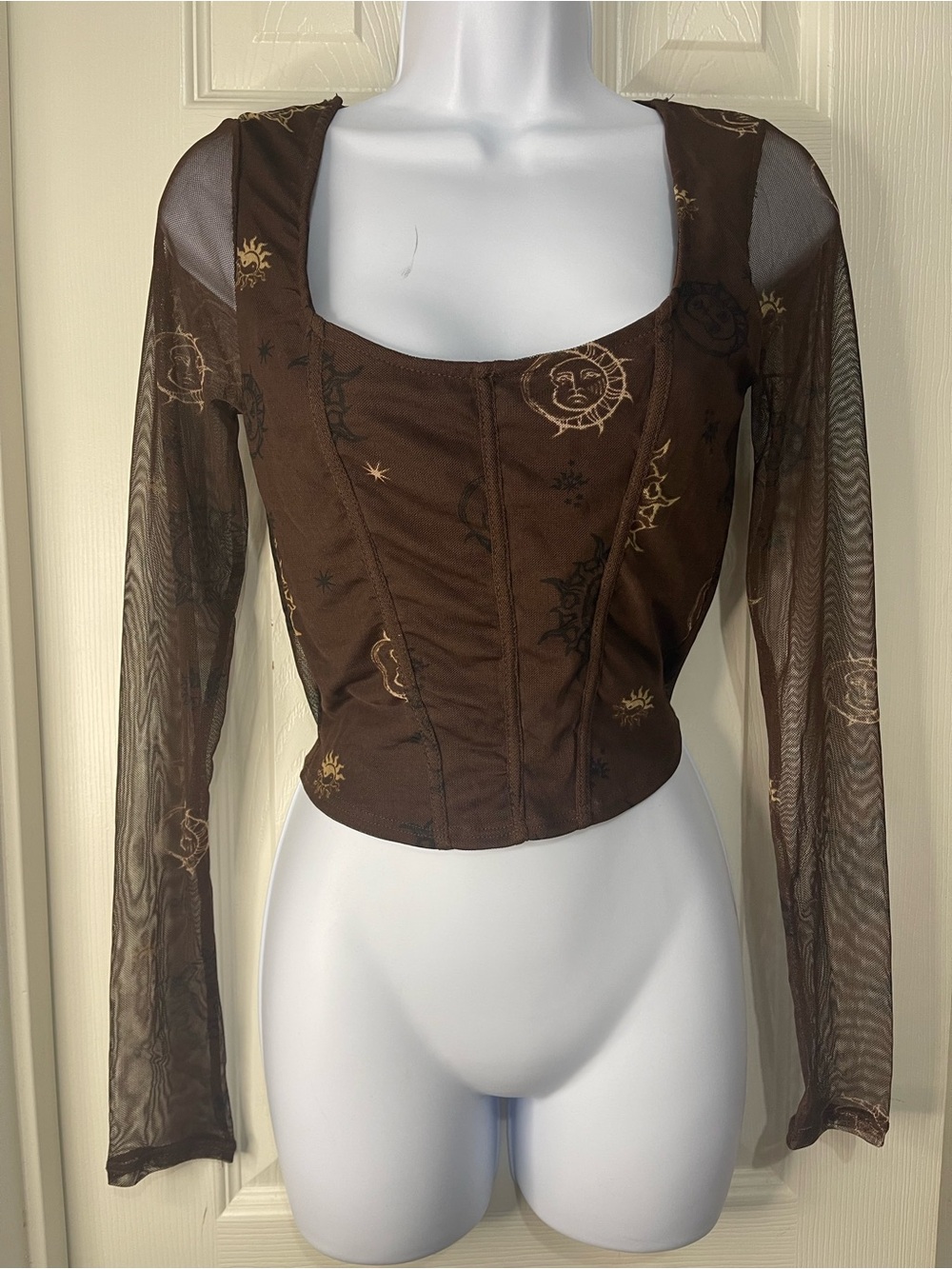 Brown Mesh Sheer Corset Style Long Sleeve Celestial Print Milkmaid Crop Top M
